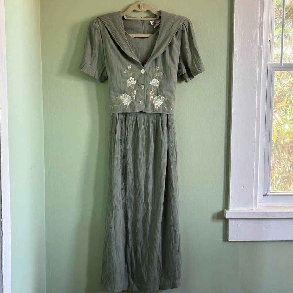 Allison Daley Sage Green Embroidered Midi Dress